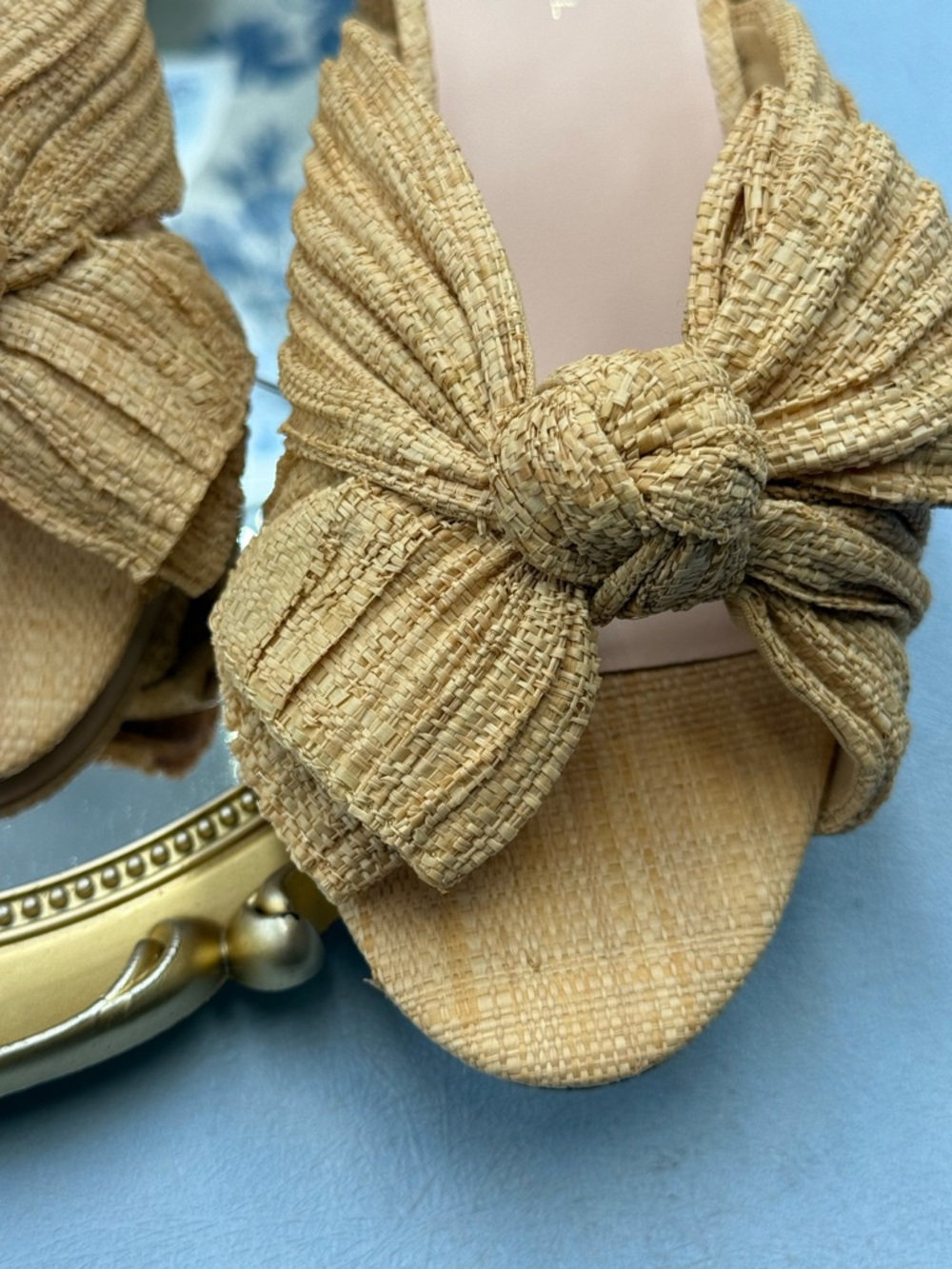 Loeffler Randall Tan Bow Knot Raffia Block Heel Mules - Picture 15 of 16
